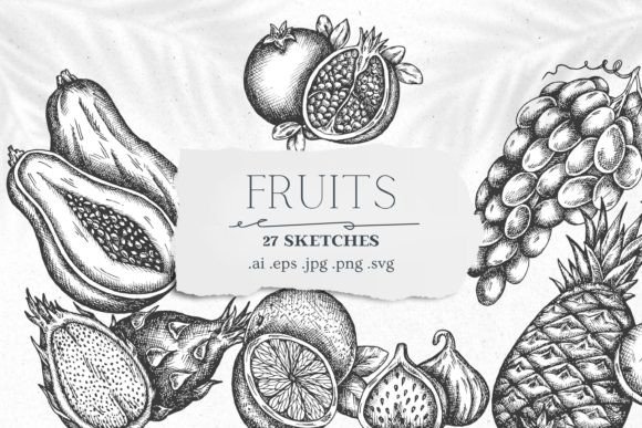 Hand Drawn Monochrome Fruit Graphics for Creative Projects