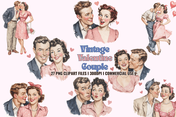 Vintage Valentine Couple Clipart: Graphics & Illustrations